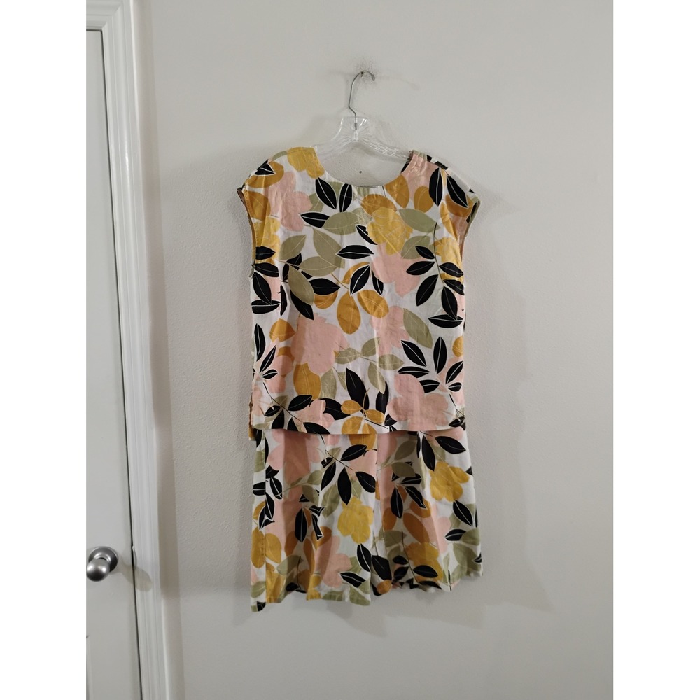 Rachel Zoe 100% Linen 2 Piece Set Floral Button Top Smocked Shorts Pink Yellow M